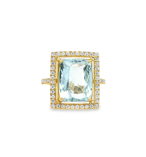 14KT YELLOW GOLD AQUAMARINE AND DIAMONDS RING