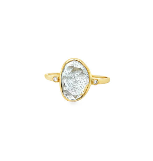 14KT YELLOW GOLD AQUAMARINE AND DIAMONDS RING