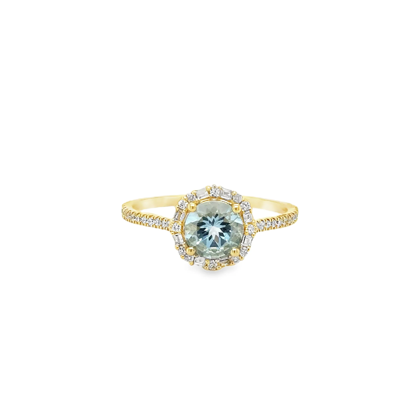 14KT YELLOW GOLD AQUAMARINE AND DIAMONDS RING