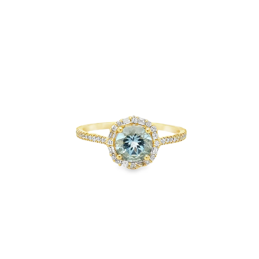 14KT YELLOW GOLD AQUAMARINE AND DIAMONDS RING