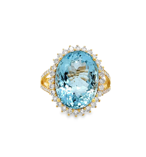 14KT YELLOW GOLD AQUAMARINE AND DIAMONDS RING