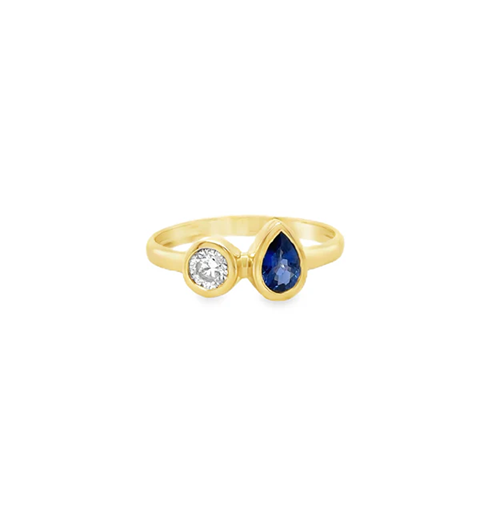 14KT YELLOW GOLD DIAMOND AND PEAR SHAPE BLUE SAPPHIRE RING