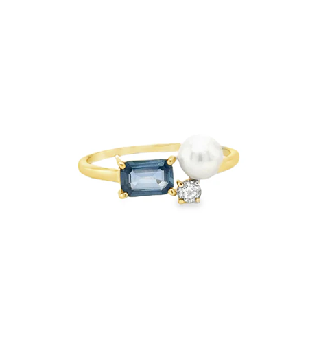 14KT YELLOW GOLD DIAMOND, BLUE SAPPHIRE AND PEARL RING