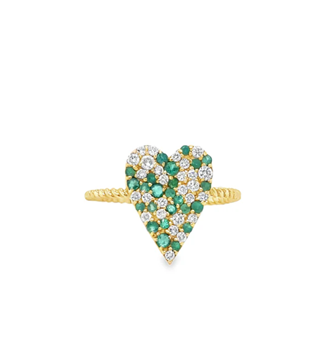 14KT YELLOW GOLD EMERALD AND DIAMONDS HEART RING