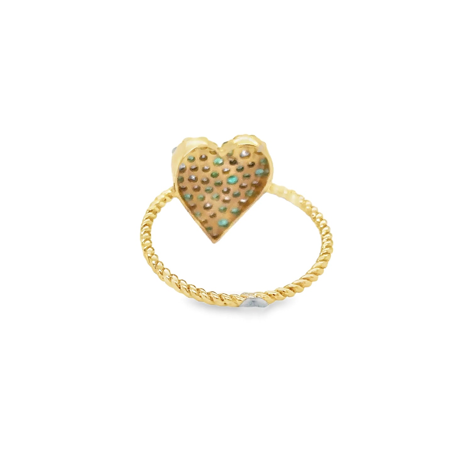 14KT YELLOW GOLD EMERALD AND DIAMONDS HEART RING