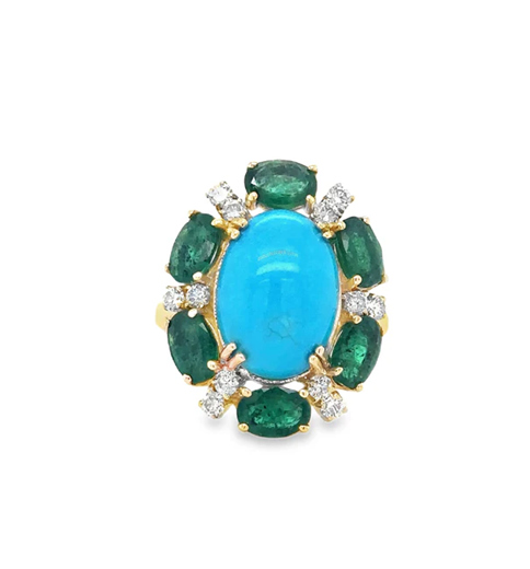 14KT YELLOW GOLD EMERALD, TURQUOISE AND DIAMOND RING
