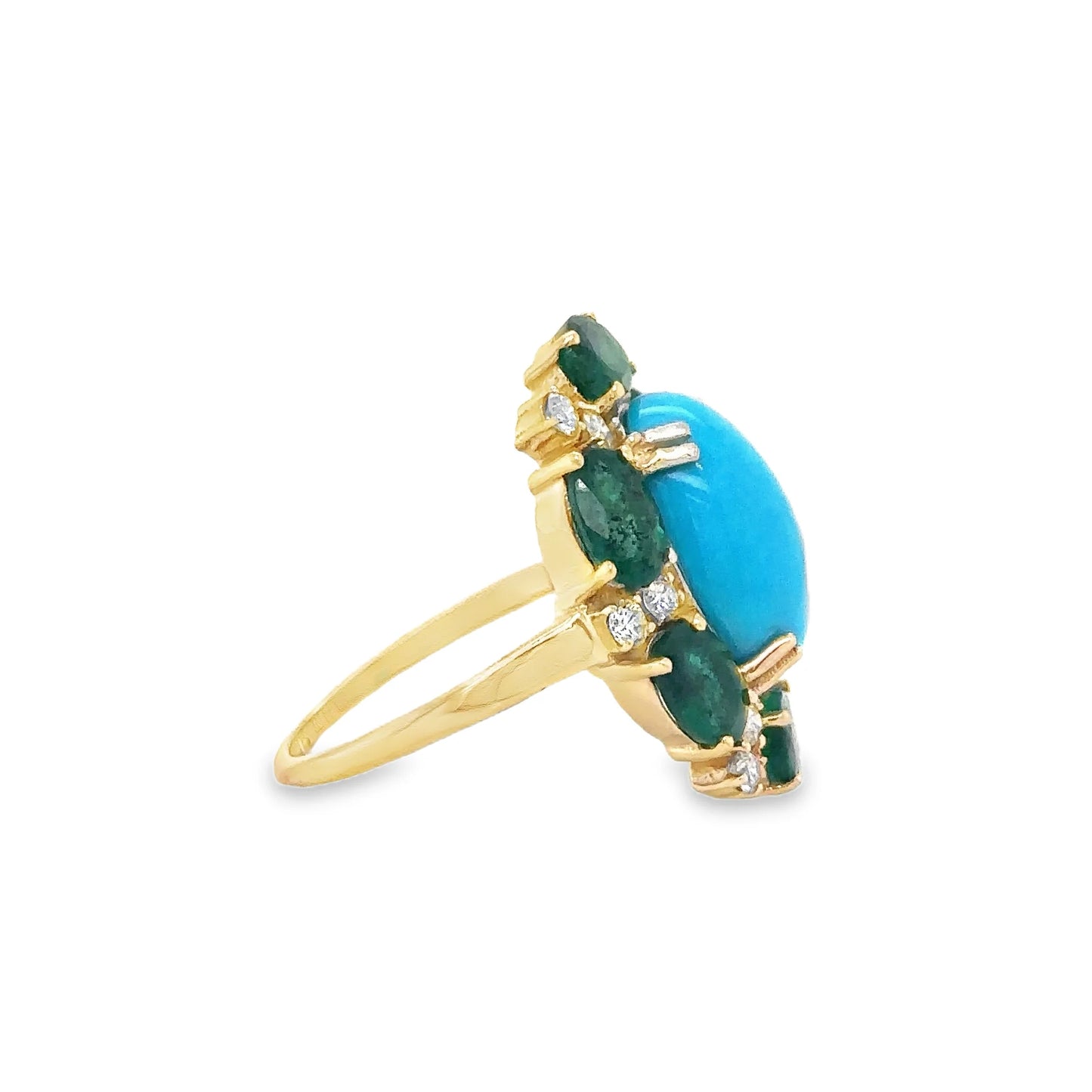 14KT YELLOW GOLD EMERALD, TURQUOISE AND DIAMOND RING