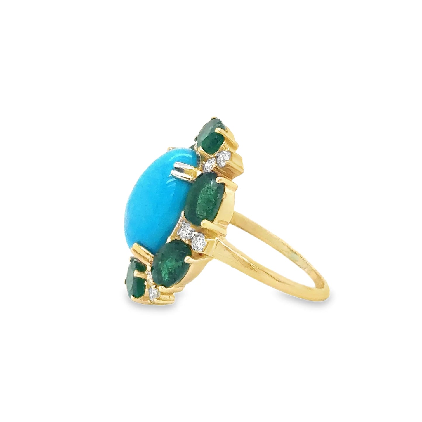 14KT YELLOW GOLD EMERALD, TURQUOISE AND DIAMOND RING