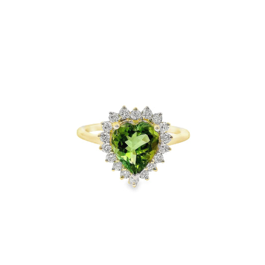14KT YELLOW GOLD GREEN TOURMALINE AND DIAMOND HEART SHAPED RING