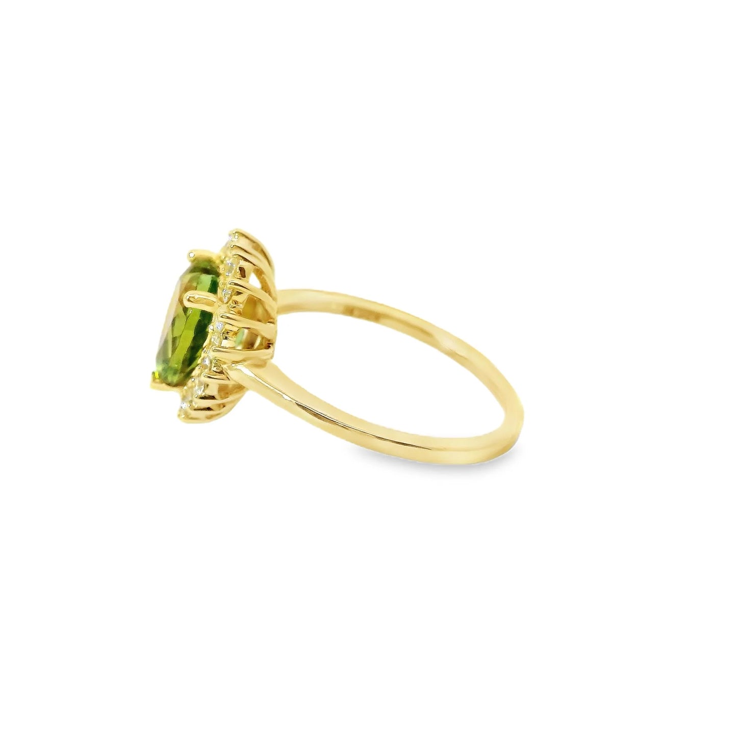 14KT YELLOW GOLD GREEN TOURMALINE AND DIAMOND HEART SHAPED RING