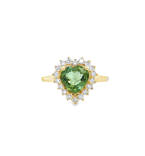 14KT YELLOW GOLD GREEN TOURMALINE AND DIAMONDS HEART SHAPE RING