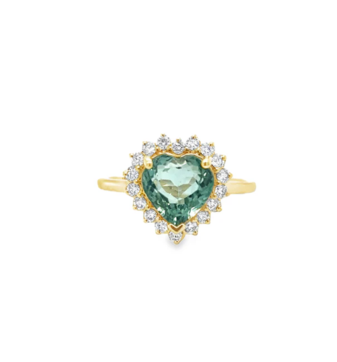 14KT YELLOW GOLD GREEN TOURMALINE AND DIAMONDS HEART SHAPE RING