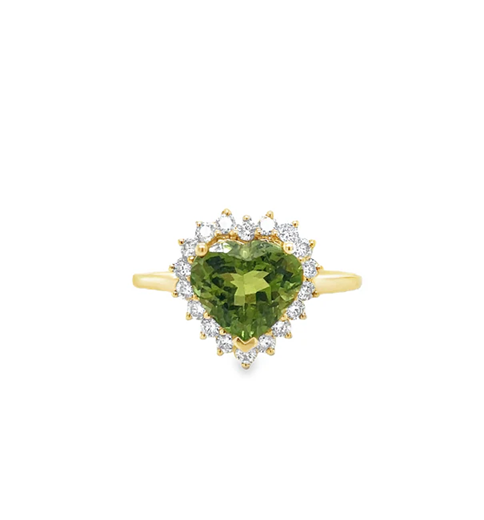 14KT YELLOW GOLD GREEN TOURMALINE AND DIAMONDS HEART SHAPE RING