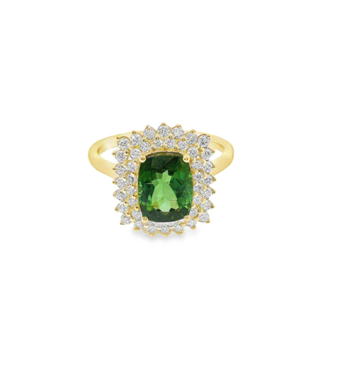 14KT YELLOW GOLD GREEN TOURMALINE AND DIAMONDS RING