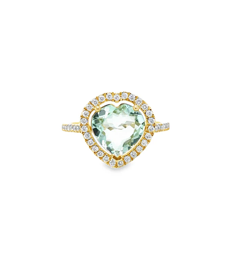 14KT YELLOW GOLD HEART SHAPE GREEN TOURMALINE AND DIAMONDS RING