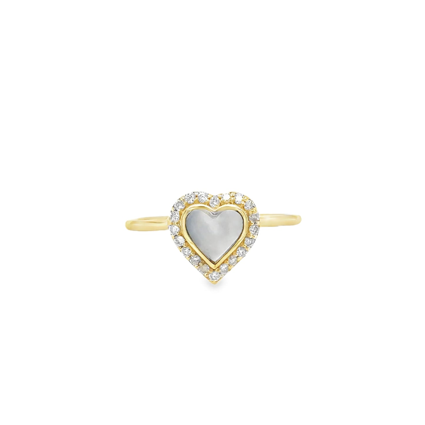 14KT YELLOW GOLD MOTHER OF PEARL HEART RING WITH DIAMONDS
