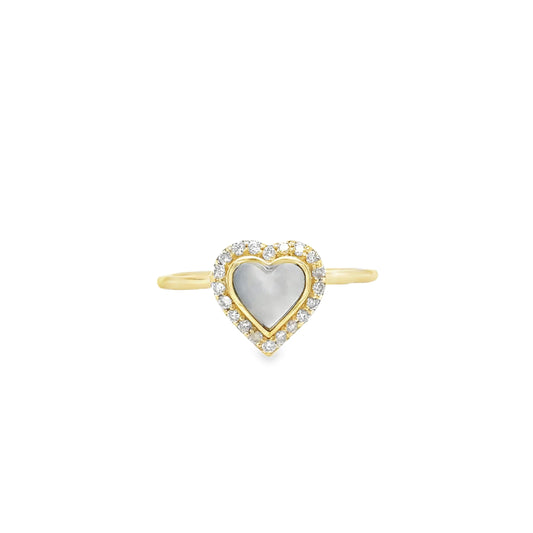 14KT YELLOW GOLD MOTHER OF PEARL HEART RING WITH DIAMONDS