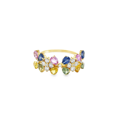 14KT YELLOW GOLD MULTI SAPPHIRE AND DIAMOND FLOWER RING