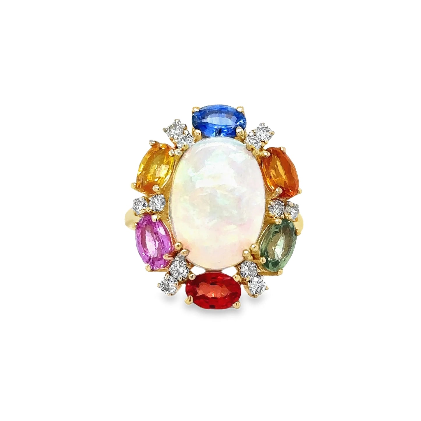 14KT YELLOW GOLD MULTI SAPPHIRE, OPAL AND DIAMOND RING