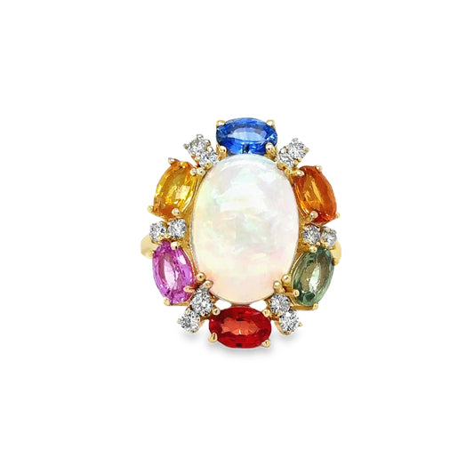 14KT YELLOW GOLD MULTI SAPPHIRE, OPAL AND DIAMOND RING