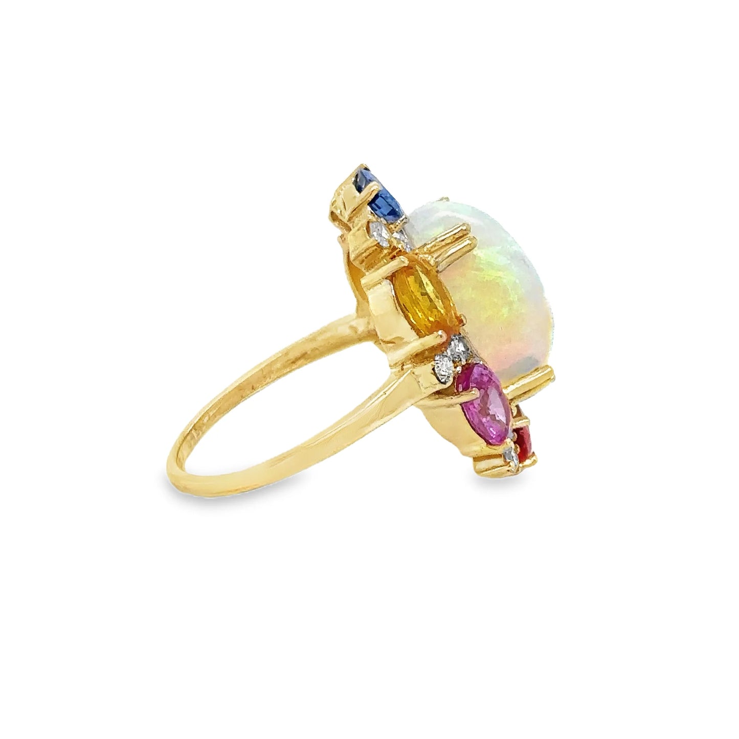 14KT YELLOW GOLD MULTI SAPPHIRE, OPAL AND DIAMOND RING