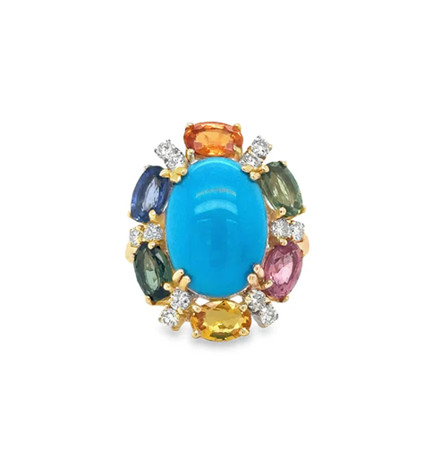 14KT YELLOW GOLD MULTI SAPPHIRE, TURQUOISE AND DIAMOND RING