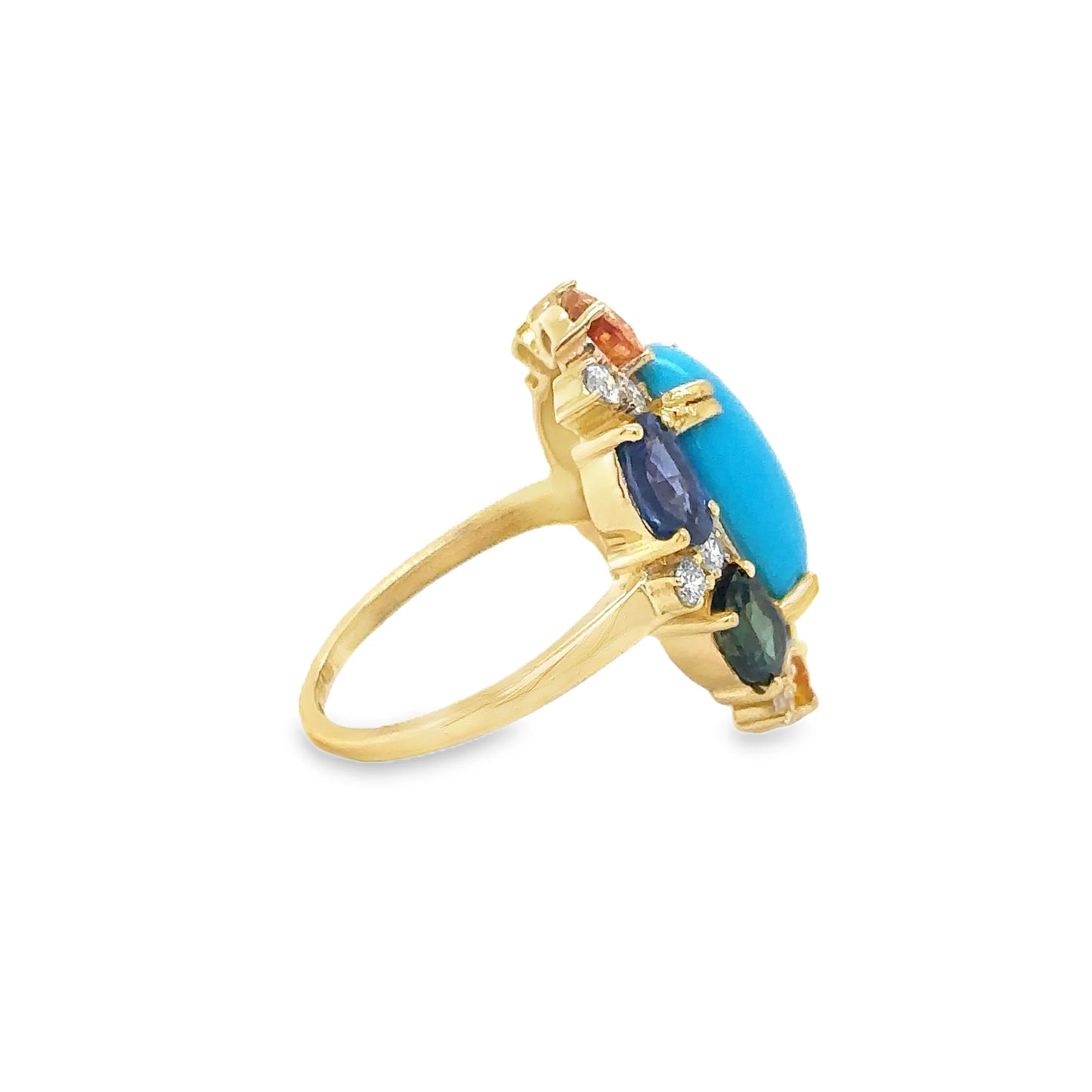 14KT YELLOW GOLD MULTI SAPPHIRE, TURQUOISE AND DIAMOND RING