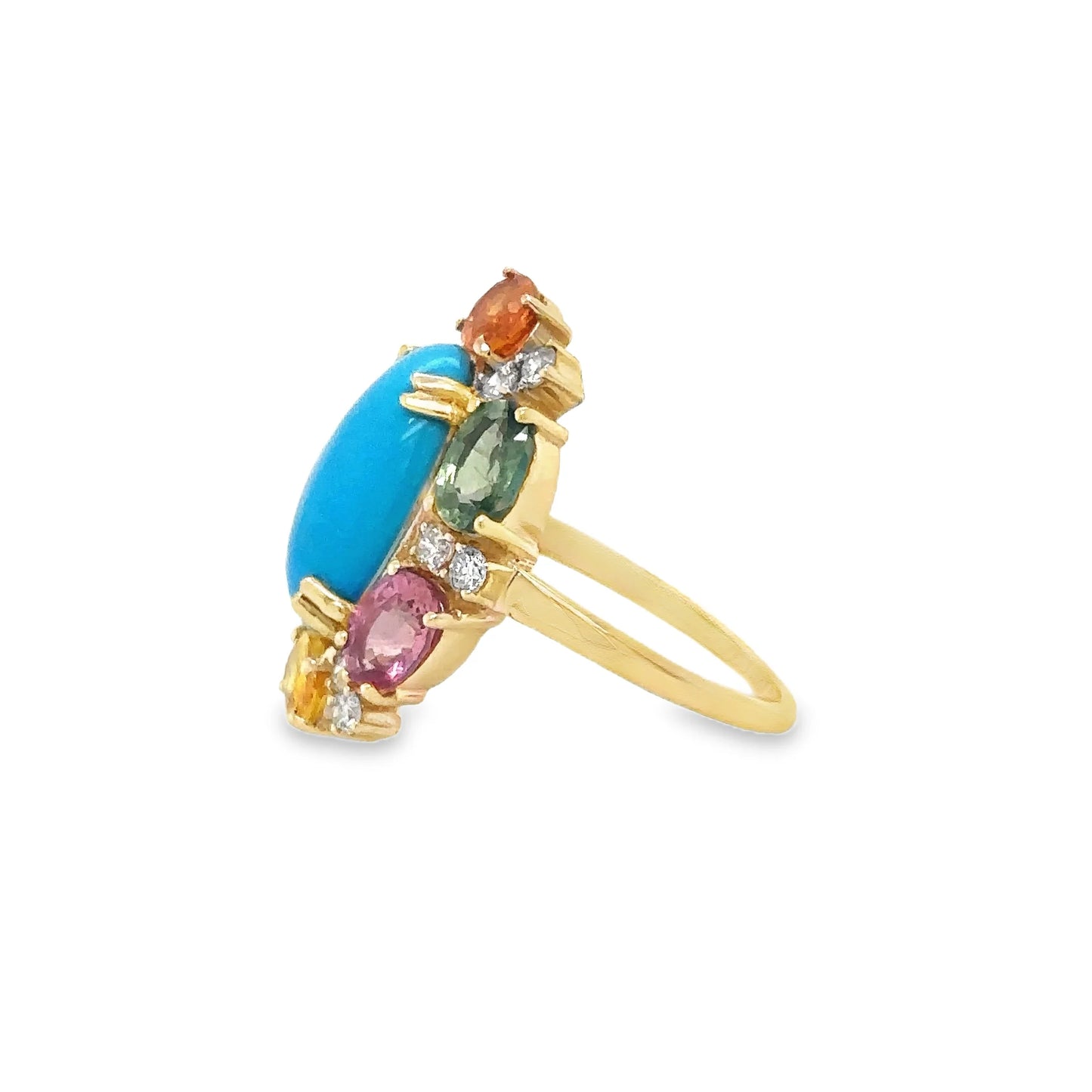 14KT YELLOW GOLD MULTI SAPPHIRE, TURQUOISE AND DIAMOND RING