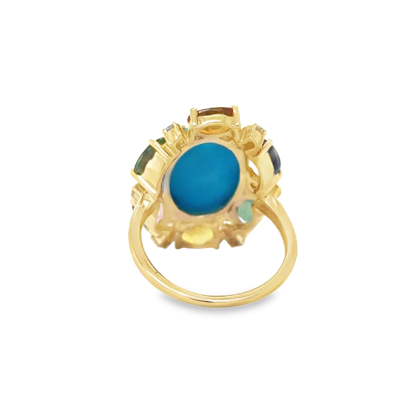 14KT YELLOW GOLD MULTI SAPPHIRE, TURQUOISE AND DIAMOND RING
