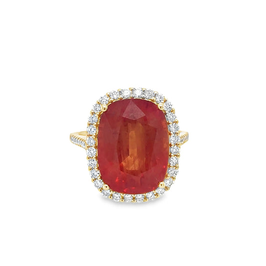 14KT YELLOW GOLD ORANGE SAPPHIRE AND DIAMONDS RING