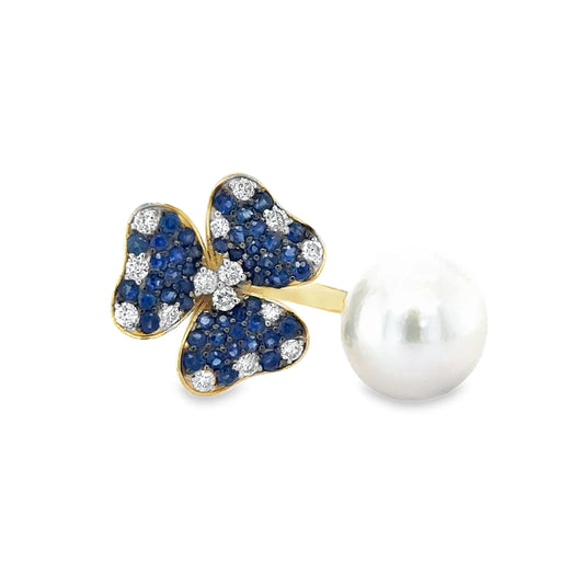 14KT YELLOW GOLD PEARL, SAPPHIRE AND DIAMOND RING