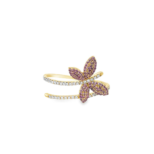 14KT YELLOW GOLD PINK SAPPHIRE AND DIAMONDS BUTTERFLY RING