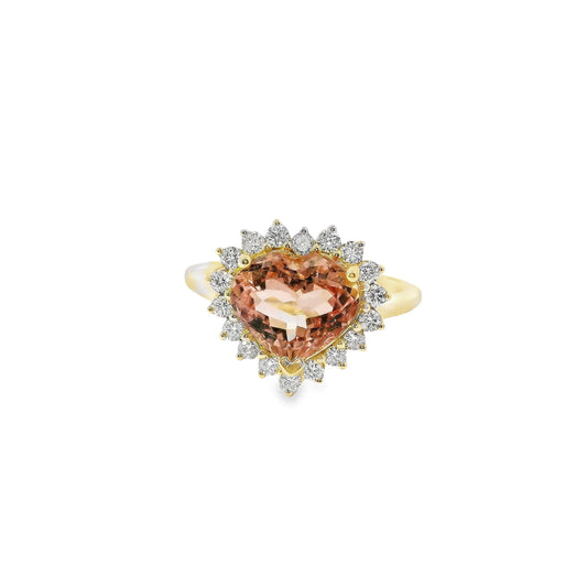 14KT YELLOW GOLD PINK TOURMALINE AND DIAMOND HEART SHAPED RING