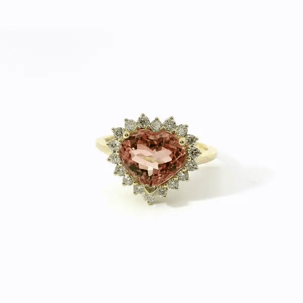 14KT YELLOW GOLD PINK TOURMALINE AND DIAMOND HEART SHAPED RING
