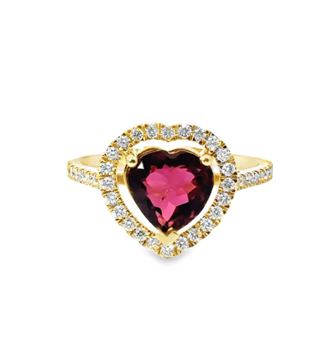 14KT YELLOW GOLD PINK TOURMALINE AND DIAMONDS HEART RING