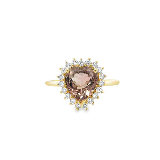 14KT YELLOW GOLD PINK TOURMALINE AND DIAMONDS HEART SHAPE RING