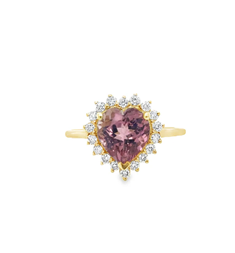 14KT YELLOW GOLD PINK TOURMALINE AND DIAMONDS HEART SHAPE RING