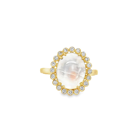 14KT YELLOW GOLD RAINBOW MOON STONE AND DIAMOND RING