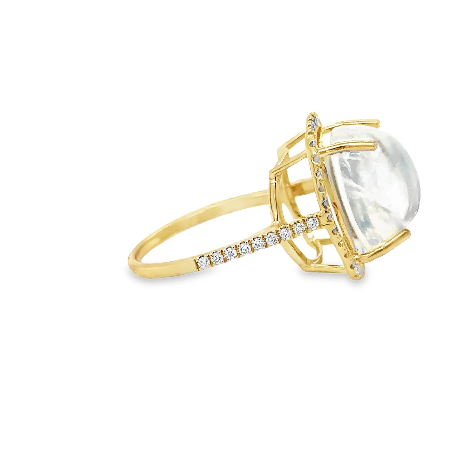 14KT YELLOW GOLD RAINBOW MOONSTONE AND DIAMONDS RING
