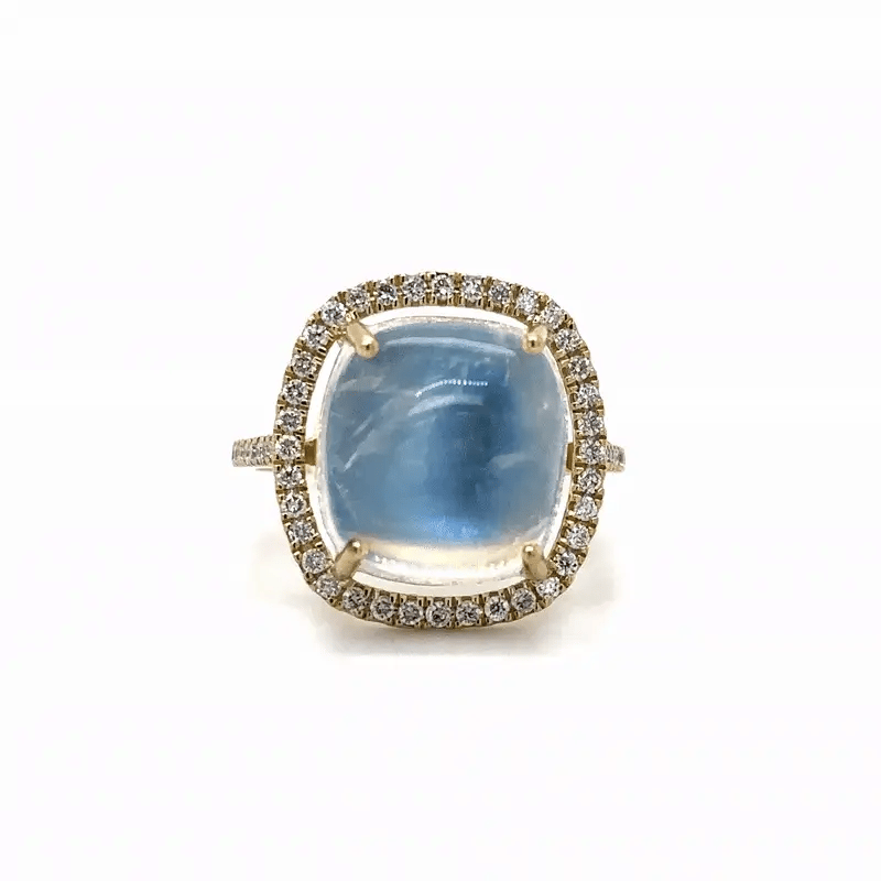 14KT YELLOW GOLD RAINBOW MOONSTONE AND DIAMONDS RING