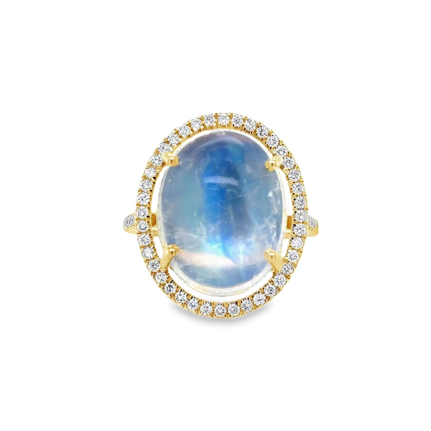 14KT YELLOW GOLD RAINBOW MOONSTONE AND DIAMONDS RING