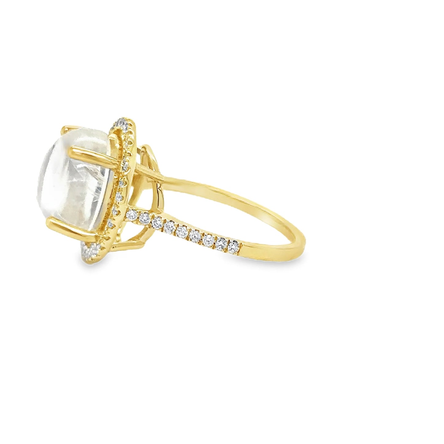 14KT YELLOW GOLD RAINBOW MOONSTONE AND DIAMONDS RING