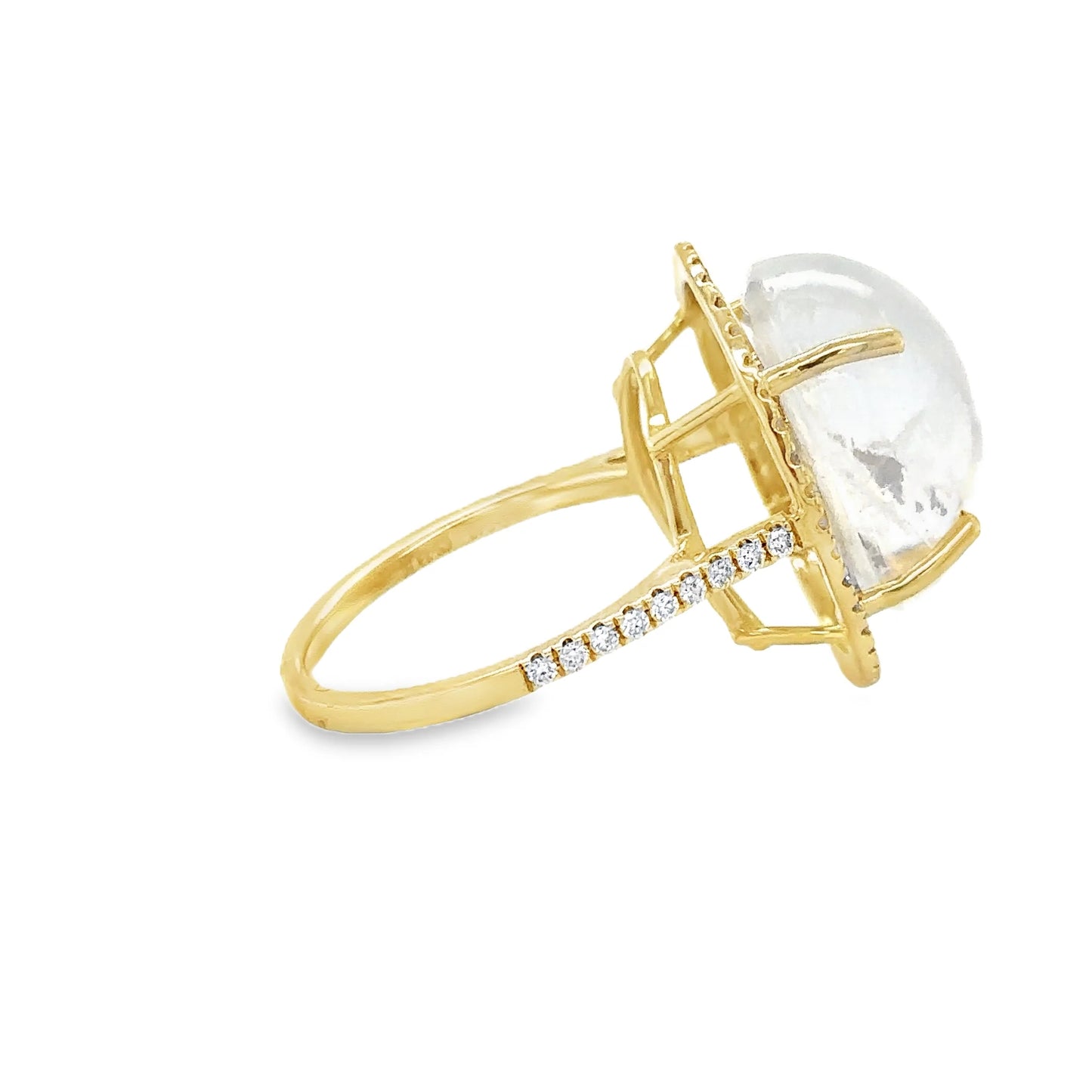 14KT YELLOW GOLD RAINBOW MOONSTONE AND DIAMONDS RING