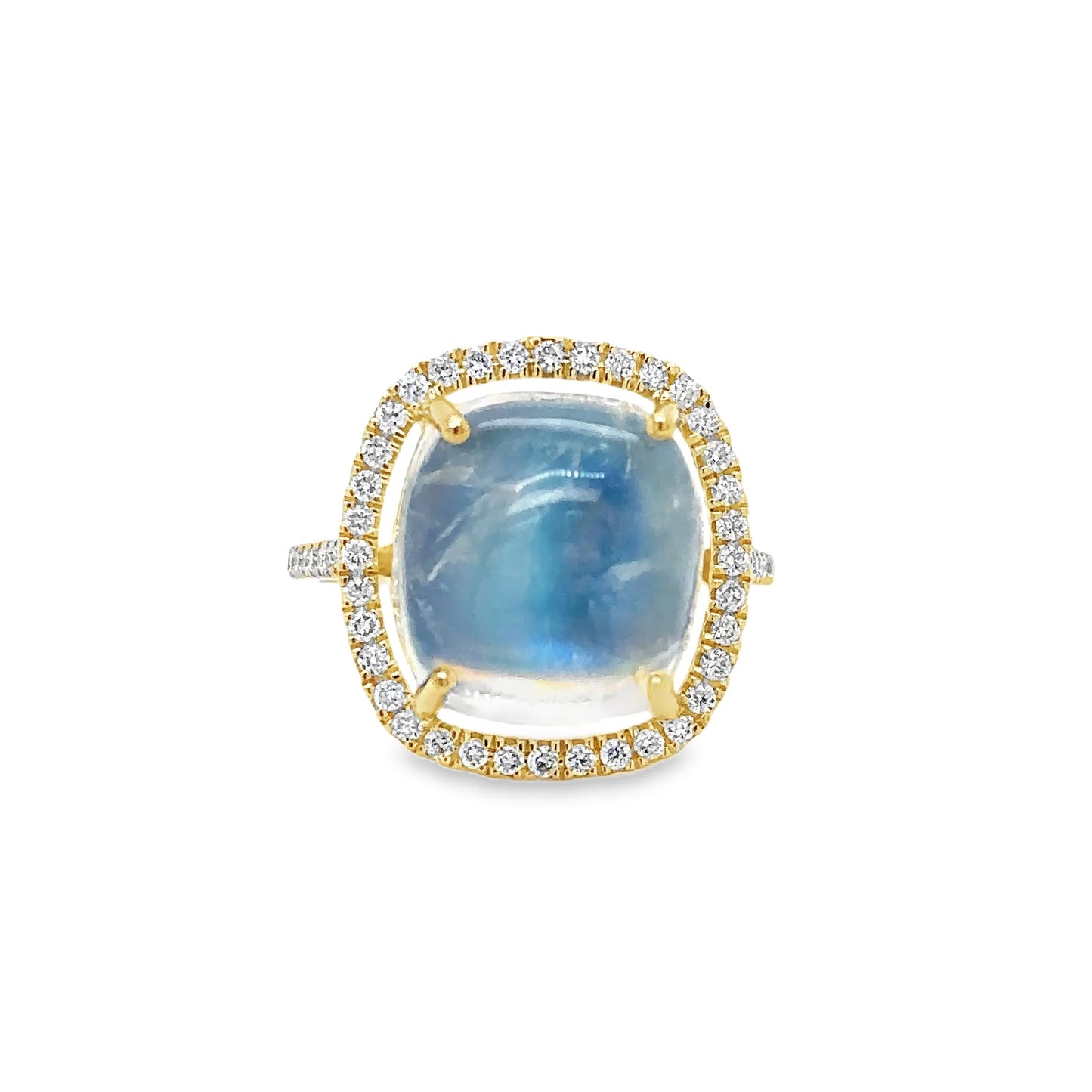 14KT YELLOW GOLD RAINBOW MOONSTONE AND DIAMONDS RING