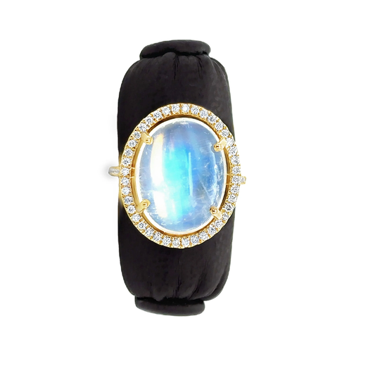 14KT YELLOW GOLD RAINBOW MOONSTONE AND DIAMONDS RING