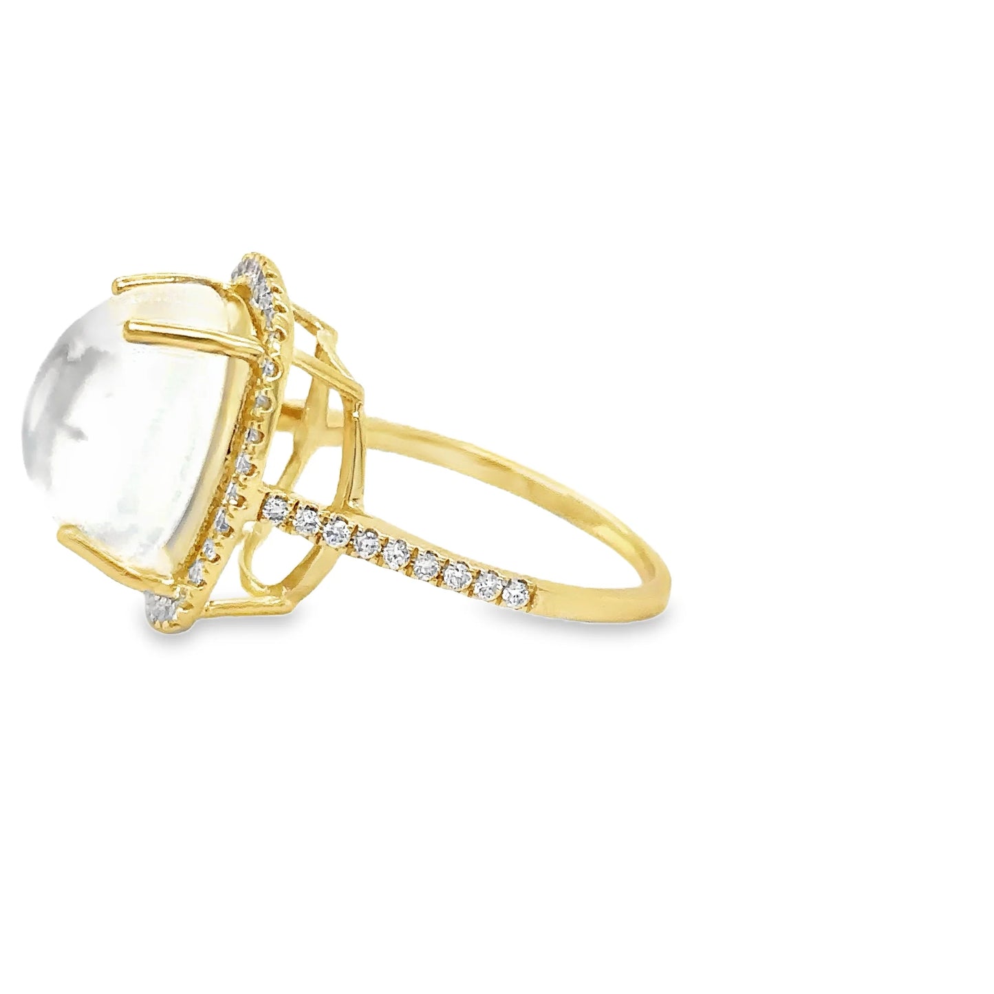 14KT YELLOW GOLD RAINBOW MOONSTONE AND DIAMONDS RING