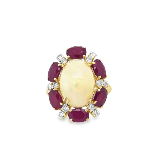 14KT YELLOW GOLD RUBY, OPAL AND DIAMOND RING