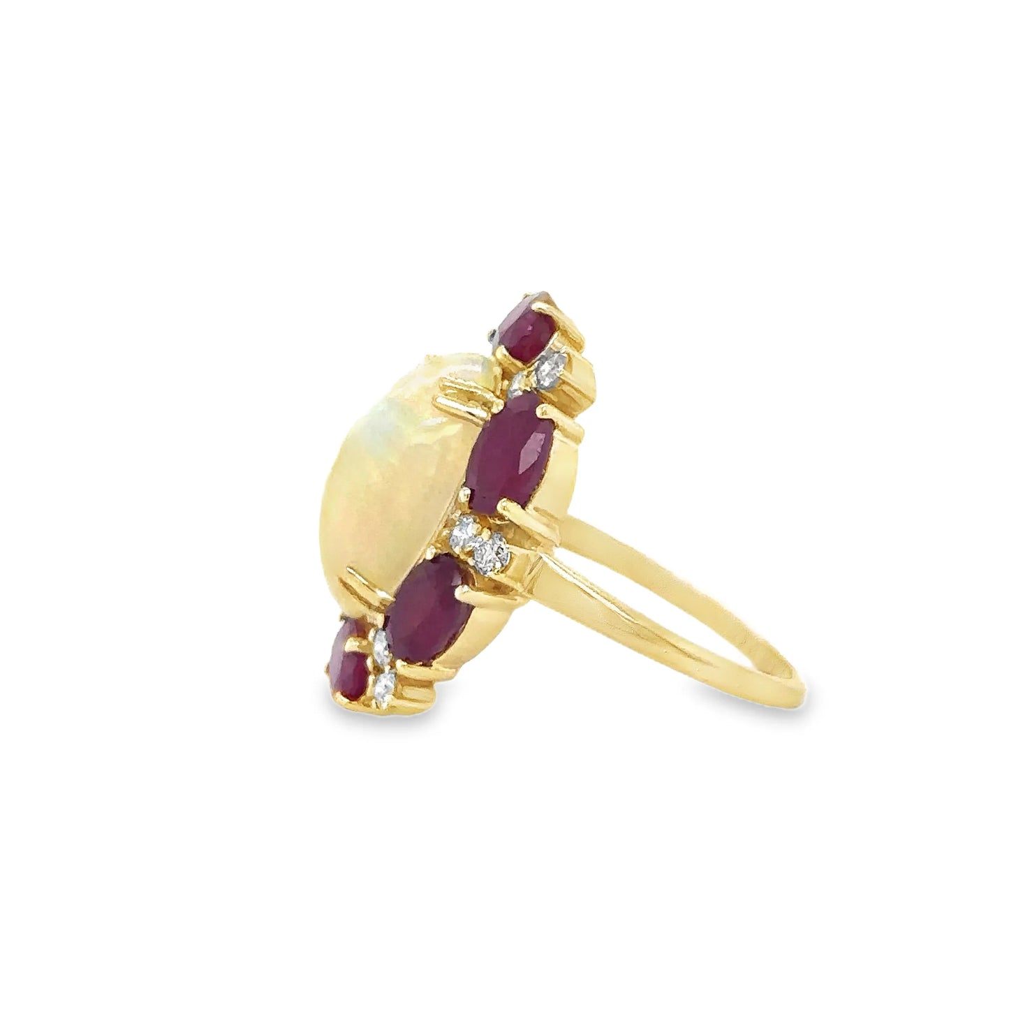 14KT YELLOW GOLD RUBY, OPAL AND DIAMOND RING