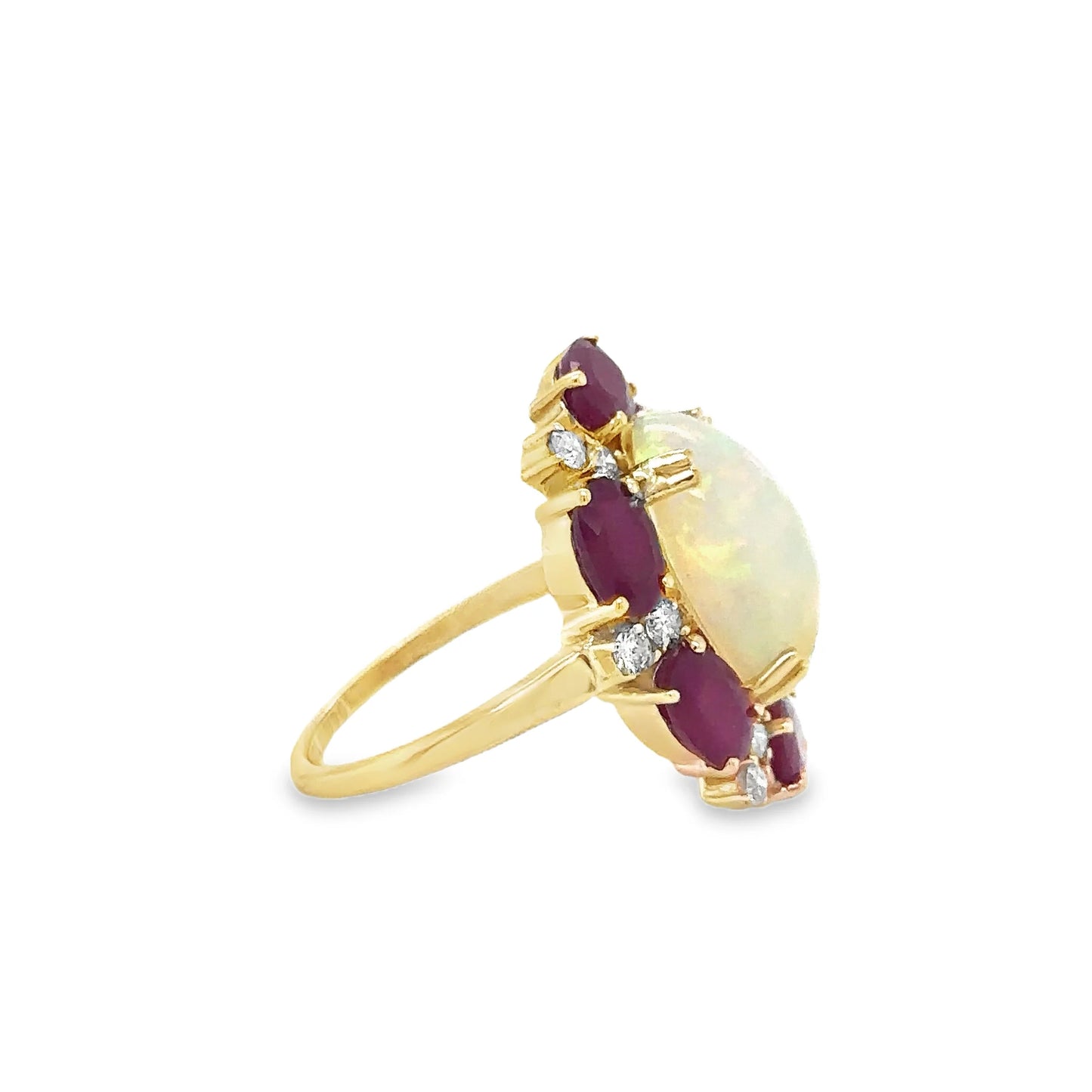 14KT YELLOW GOLD RUBY, OPAL AND DIAMOND RING