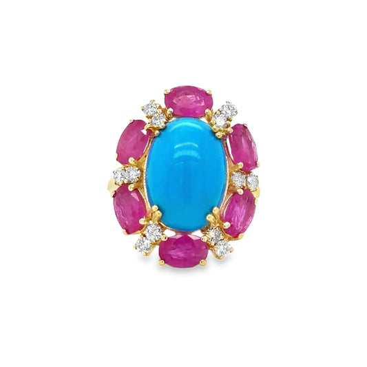 14KT YELLOW GOLD RUBY, TURQUOISE AND DIAMOND RING